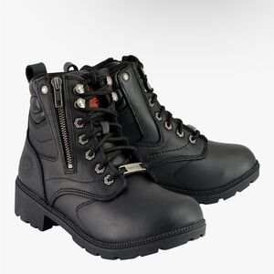 Black Leather Lace-Up Boots with Zipper